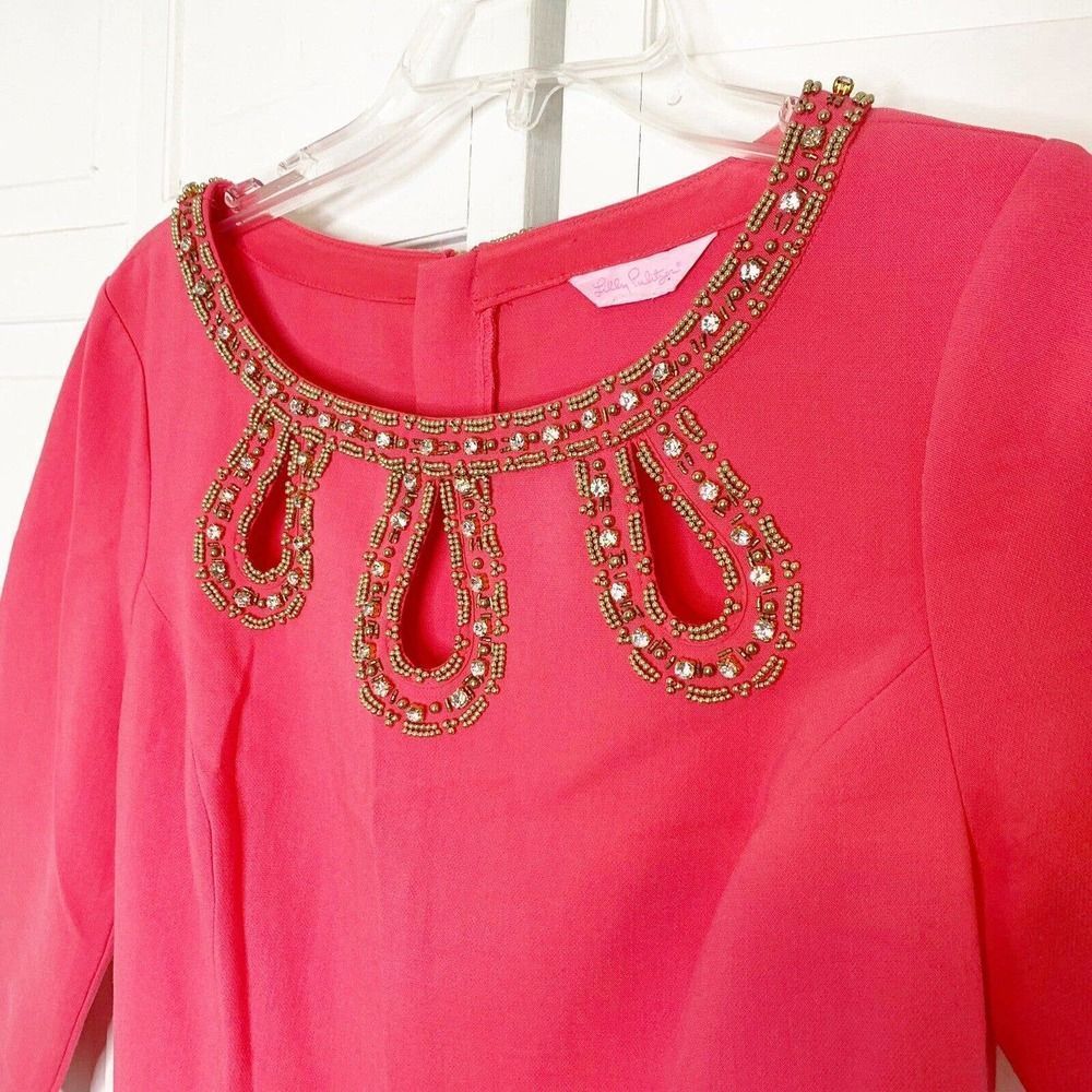 ❌SOLD❌ Lilly Pulitzer Brontë Pink Watermelon Shift Gold Embellished Dress S - Picture 7 of 12
